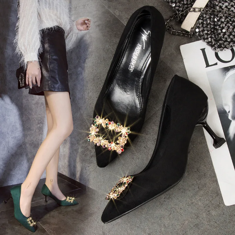 

Spring And Summer Thin Heeled Pointed-Toe Suede Korean-style Shoes Women's Color Man-made Diamond Square Buckle High Heel Shoes