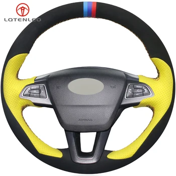 

LQTENLEO Black Suede Yellow Leather DIY Car Steering Wheel Cover For Ford Focus 3 2014-2018 Kuga Escape C-MAX Ecosport 2015-2019