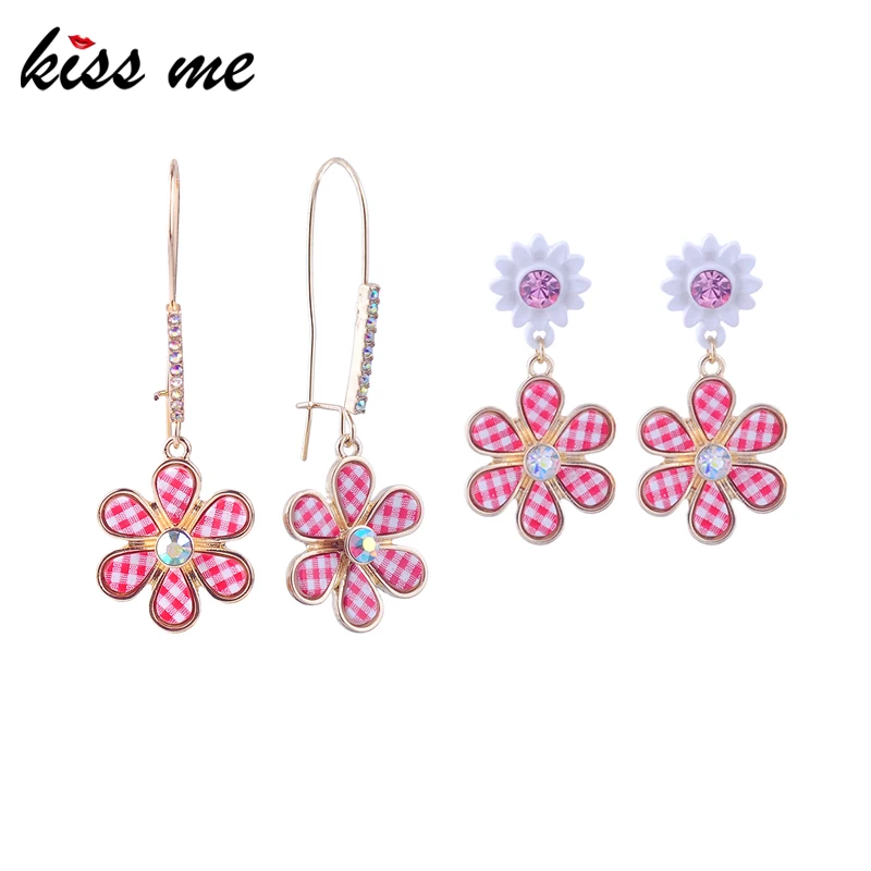 

kissme Unique Two-type Crystal Imitation Red Plaid Cloth Art Resin Flowers Drop Earrings For Women Gold Color Fashion Jewelry