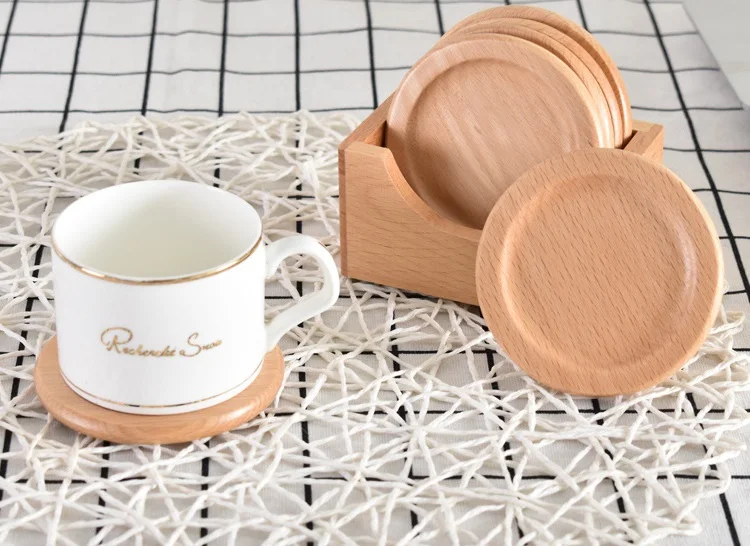 10sets Wooden Cup Pad Set 6pcs Round Coasters Anti Scalding Heat Insulation Cup Mat Table Mat WB137