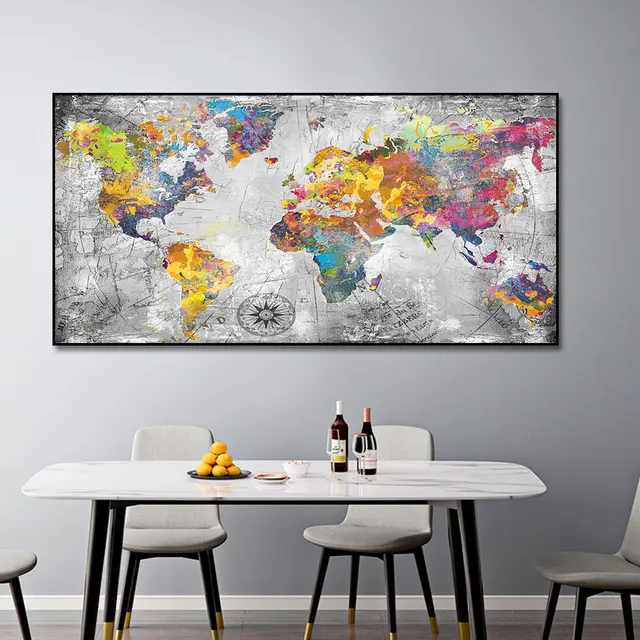 RELIABLI ART World Map Black and White Pictures Classic Style Canvas Paintings Modern Home Wall Decoration Posters Frameless map
