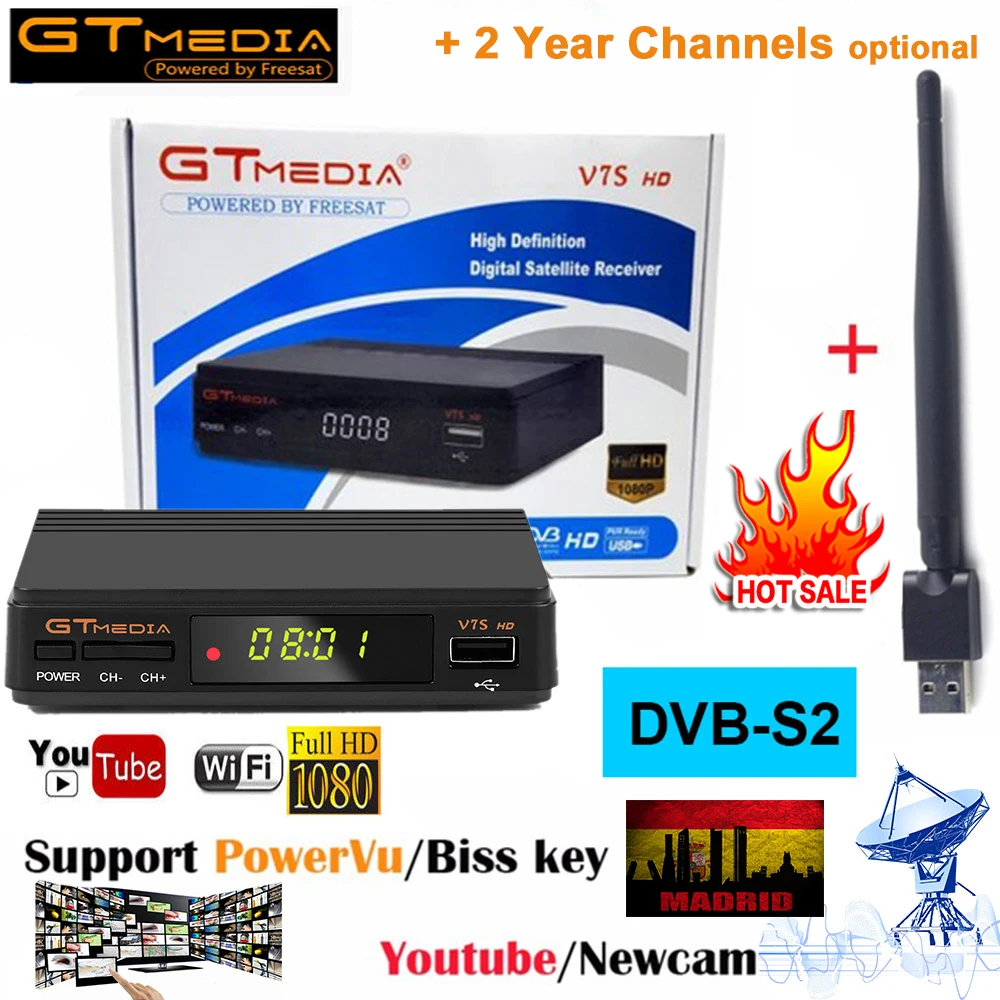 GTMedia V7S FULL HD 1080P DVB-S2 спутниковый ТВ приемник+ Wifi антенна FTA цифровой HD ресивер для cсcam espana cline на 1 год europ