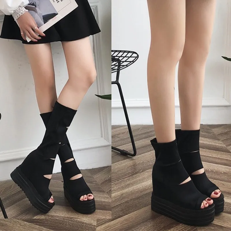 

Summer Women Boots Sexy Increase Internal Heels Woman Shoes Sandals Peeps Toe Gladiator Boots Cutout Rome Black Shoes B347