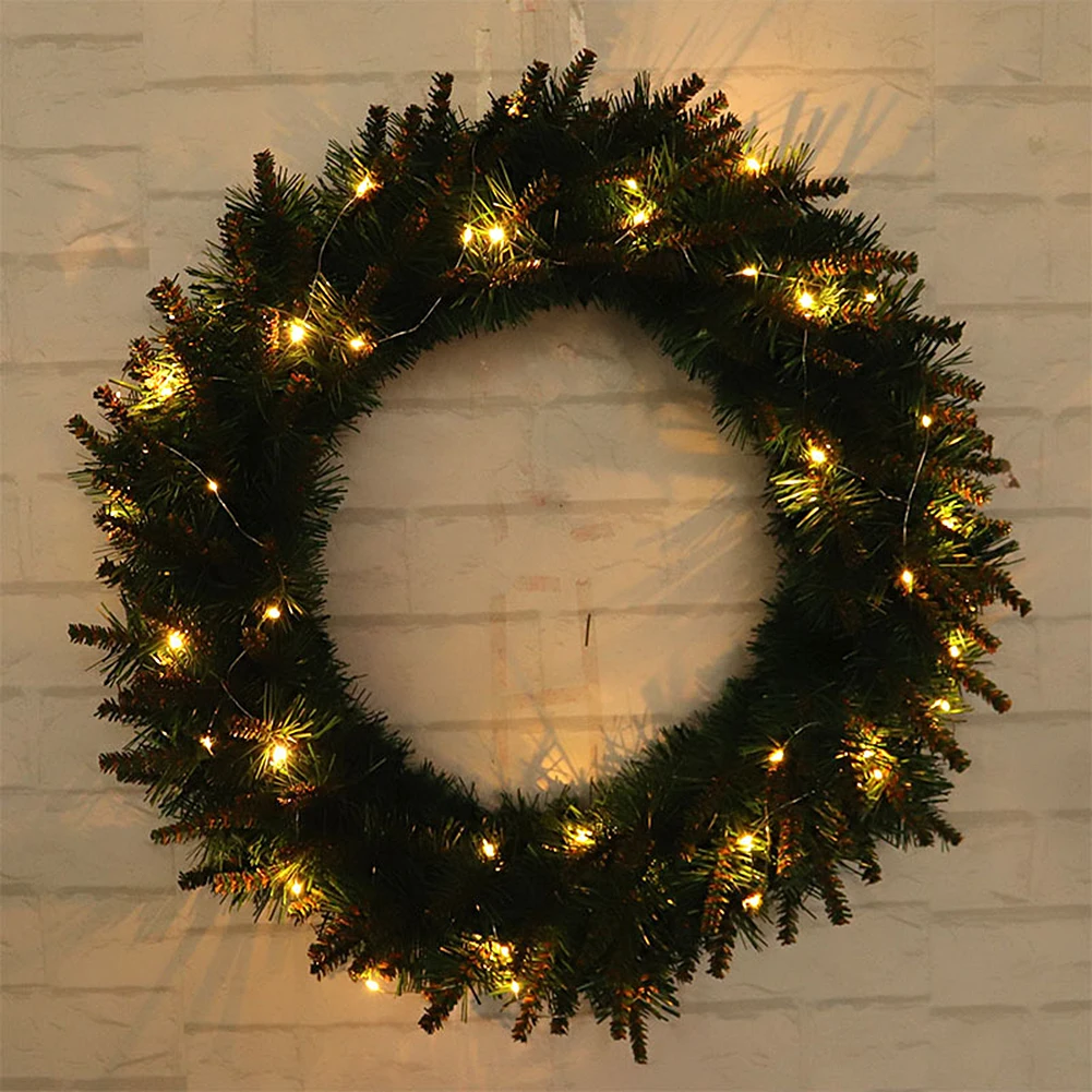 

30/40cm Christmas Party Decoration Green Flower Wreath with Light Xmas Tree Hanging Flower Garland Pendant Home Wall Ornament