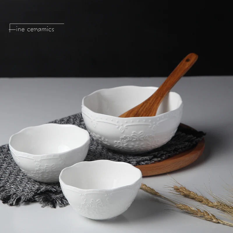 

4/5/6inch, white embossed porcelain salad bowls, ceramic cooking food bowl, japanese rice bowl , kitchen container, small