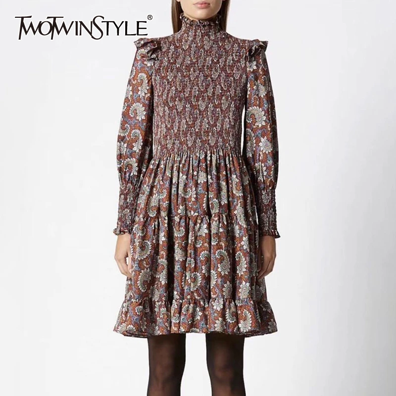 TWOTWINSTYLE винтажное лоскутное платье с цветочным принтом для женщин, круглый вырез, фонарь, длинный рукав, высокая талия, платья для женщин, Мода