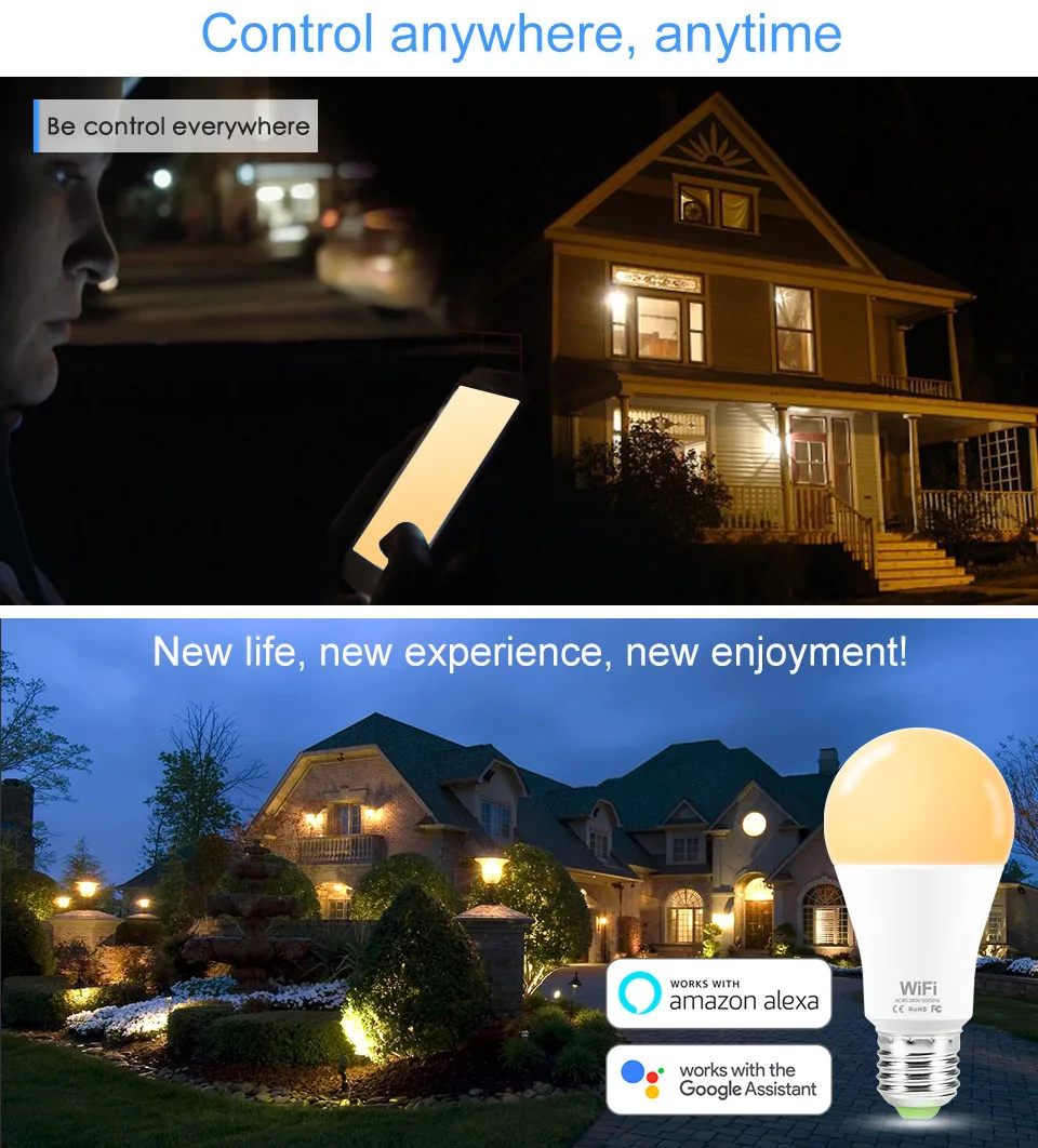 Dimmable 15W E27 WiFi Smart Light Bulb LED Lamp App Operate Alexa Google Assistant Voice Control Wake up Smart Lamp Night Light