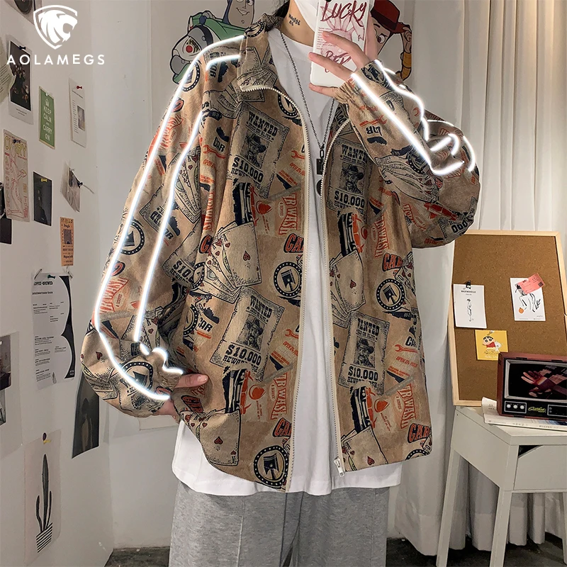 

Aolamegs Reflective Jackets Men Pattern Printing Coat Japanese Loose Windbreaker Distressed Harajuku Hip Hop Autumn OutwearM-5XL