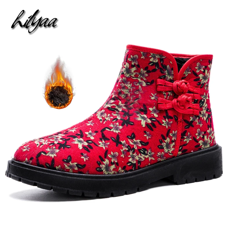 

Chinese trend retro winter warm woman snow boots red black Plus velvet outdoor platform famale cloth fabric Non-slip flats shoes