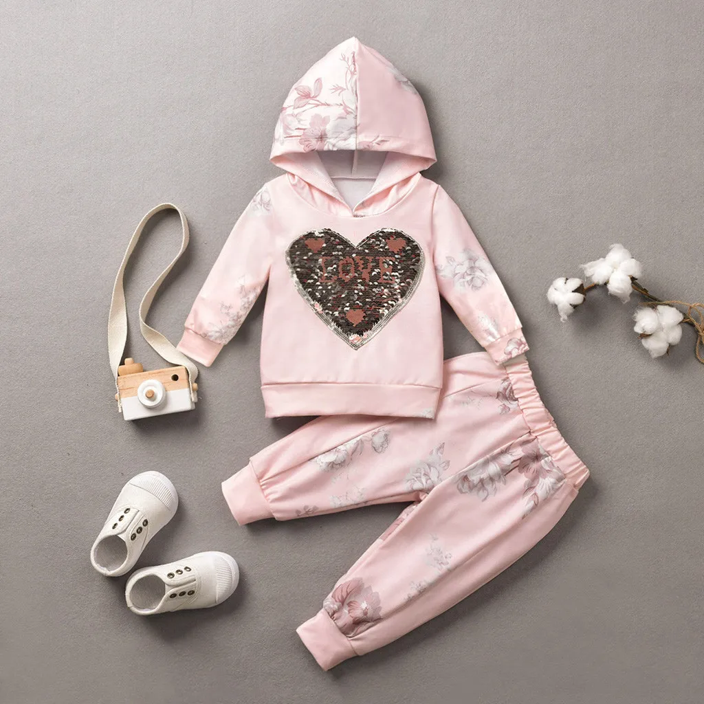 

6M-4Y Toddler Kids Baby Girl Clothes Tracksuit Fashion 2019 Autumn Winter Flower Print Love Heart Hoodie Pants 2pcs Outfit Set