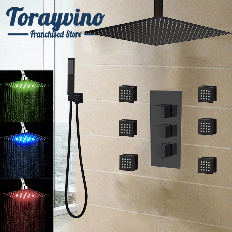 

Torayvino Bathroom LED light Black shower set brass Head faucet Massage Jets Sprayer Mixer Control Valve LED light Hand Shower