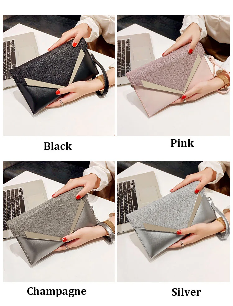 Ladies Luxury PU leather Envelope Clutch Bag Fashion Designer Women Wedding Party Shoulder Bag Simple Black Handbag Purse Silver (4)
