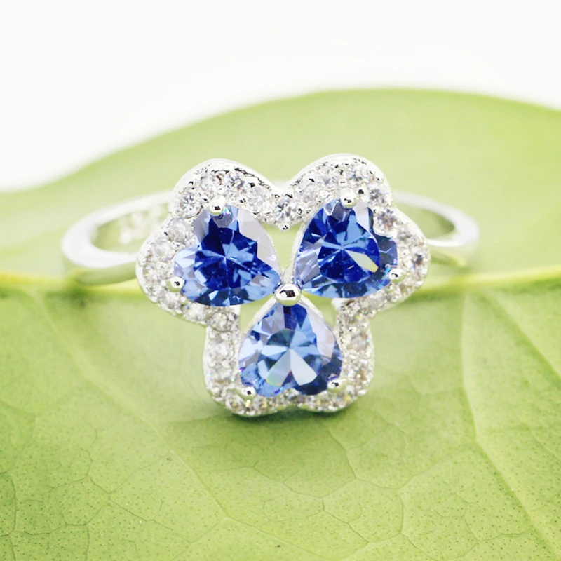 

lingmei Dropshipping Clover Heart Wedding Rings Blue & Multicolor Zircon Fashion Jewelry 925 Silver Ring Size 6 7 8 9 Christmas