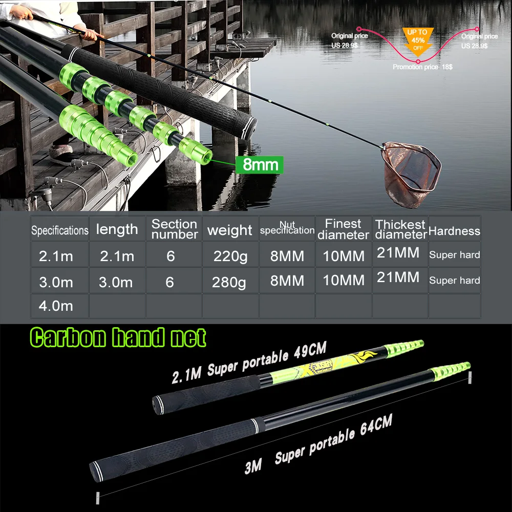 Fishing rod for landing hand Nets 4M 3M 2.1M Folding Carbon rod Nylon Collapsible steel Tackle tank Hole Depth Dip for fishing