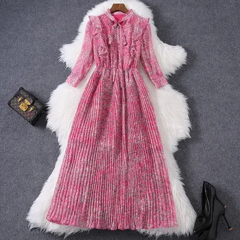 

Chiffon Dress Women 2020 New Stand Collar Bow Printed 3/4 Sleeves Ruffles Slim High Waist Pink Pleated Dress Mid-Calf Length