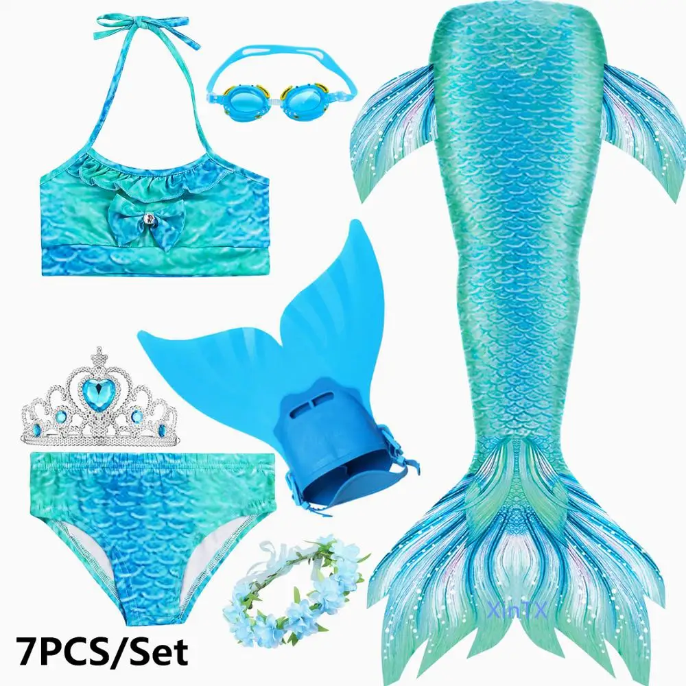 7pcs as picture show Модный купальный костюм русалки С флиппером, детские плавательные хвосты русалки для девочек, летняя пляжная одежда, купальный костюм - Цвет: 7pcs as picture show