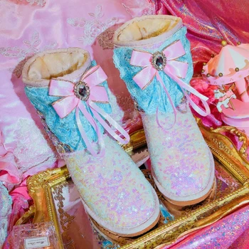 

2020 autumn and winter new handmade diamond bowknot crystal gem sequin mid tube flat bottom female warm snow boots