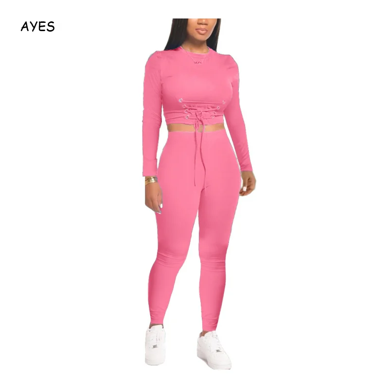

Pink Solid Women Fall Two Piece Set Casual Tracksuit Leisure Workout Long Sleeve Crop Top Jogging Pants Suits Sports Sweat Suits