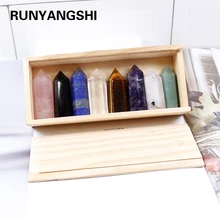 1set Wooden box gift box High quality Decorative Natural Hand Carved crystal points quartz wand pillar for sale healing Wand