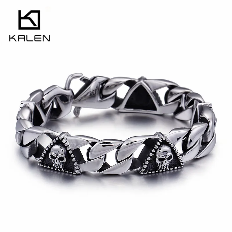 Панк Череп Браслеты для мужчин полированная нержавеющая сталь блестящие звенья цепи Крест Треугольник Череп Шарм браслет ювелирные изделия