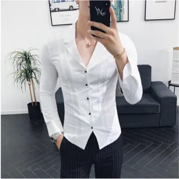 

Solid Suit Collar Shirt Deep V Sexy Pleat Shirt Men Slim Fit Long Sleeve Dress Shirt Korean Men Fashion Clothing White Navy