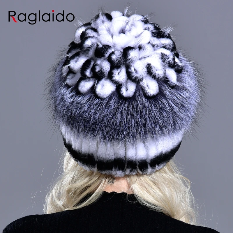 winter fur hats women's Beanies knitted warm floral natural rex rabbit fox fur fashionable stylish hand sewn snow hat