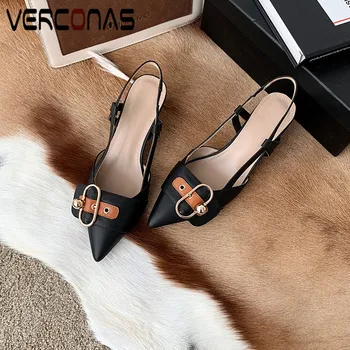 

VERCONAS 2020 Summer New Arrival Woman Pumps Genuine Leather Woman Sandals Metal Decoration Pointed Toe Thin Heel Shoes woman