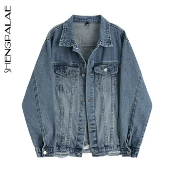 

SHNEGPALAE Loose Fit Blue Denim Holes Loose Big Size Jacket New Lapel Long Sleeve Women Coat Fashion Tide Winter 2020 JZ472