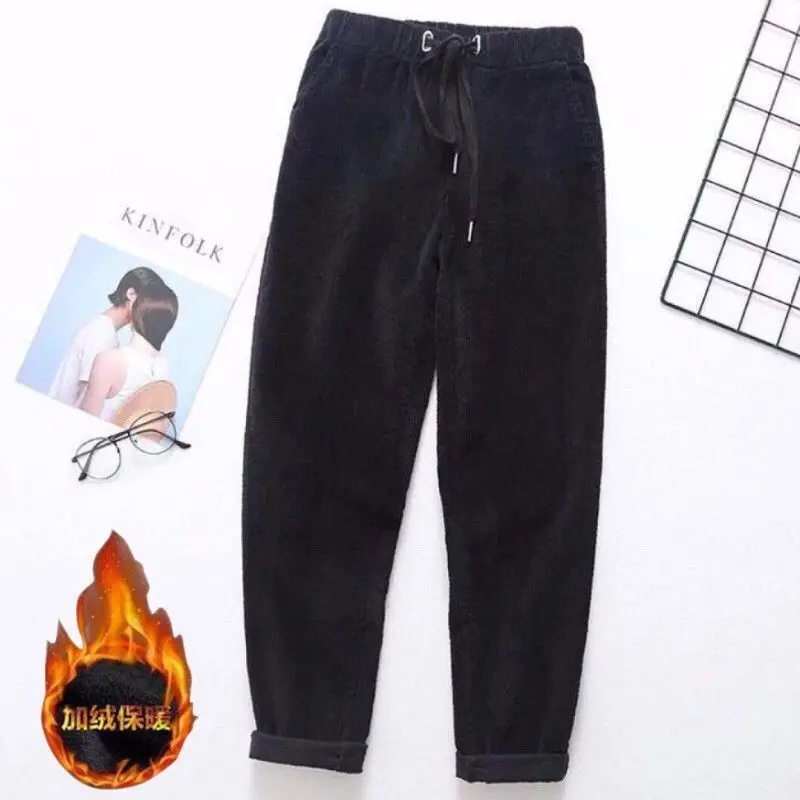 Lining With Fluff Corduroy Women Pants Elastic Waist Casual Female Harem Trousers - Цвет: 1