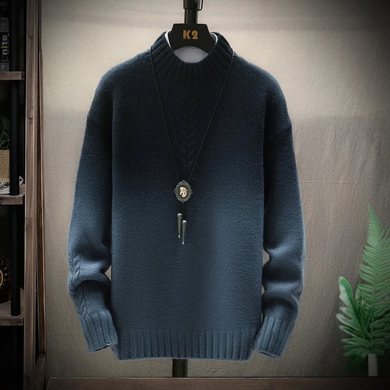 Зимний свитер с воротником-стойкой мужской теплый Модный Галстук окрашенный контрастный цвет Повседневный вязаный свитер Свободный пуловер с длинными рукавами мужской свитер