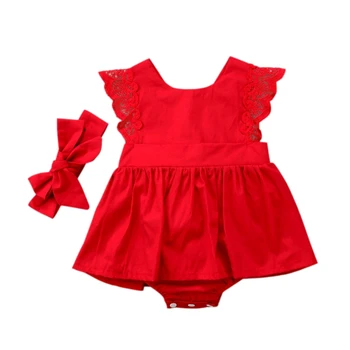 

Newborn Baby Girls Sleeveless Bodysuit Cotton Lace Jumpsuit Bow Red Hair Band