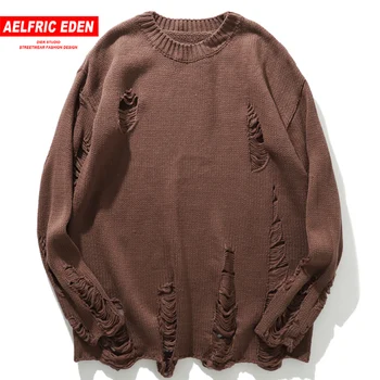 

Aelfric Eden Solid Ripped Knitted Men Gothic Sweaters 2019 Harajuku Hip Hop Tops Fashion Streetwear Casual Male Pullover Outwear