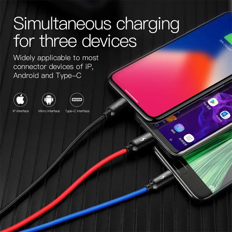 Кабель для мобильного телефона BASEUS, 3 в 1, кабель Micro USB, кабель usb type-C, кабель type-C для зарядки samsung, Xiaomi, USB, шнур для освещения