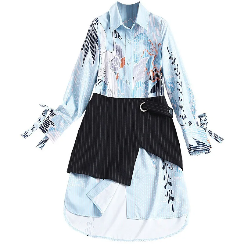 

Print Hit Color Two Piece Set For Women Turn Down Long Sleeve Shirt Dress High Waist Skirts Female Suit 2020 Spring Fashion