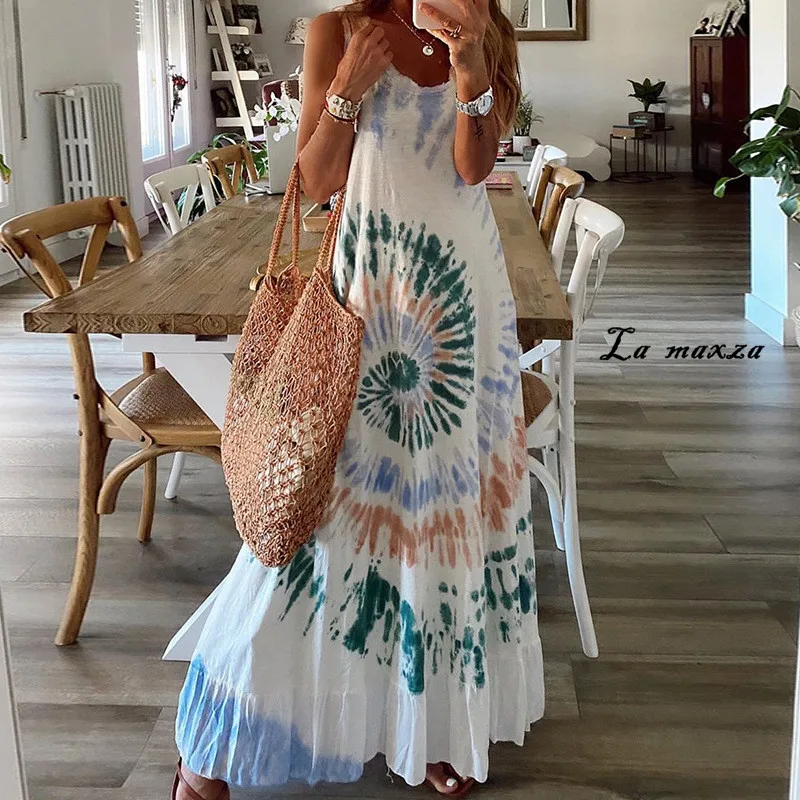 Bohemian Style Paisley Loose Women Dress 2020 Summer O-neck Ruffles Spaghetti Straps Maxi | Женская одежда