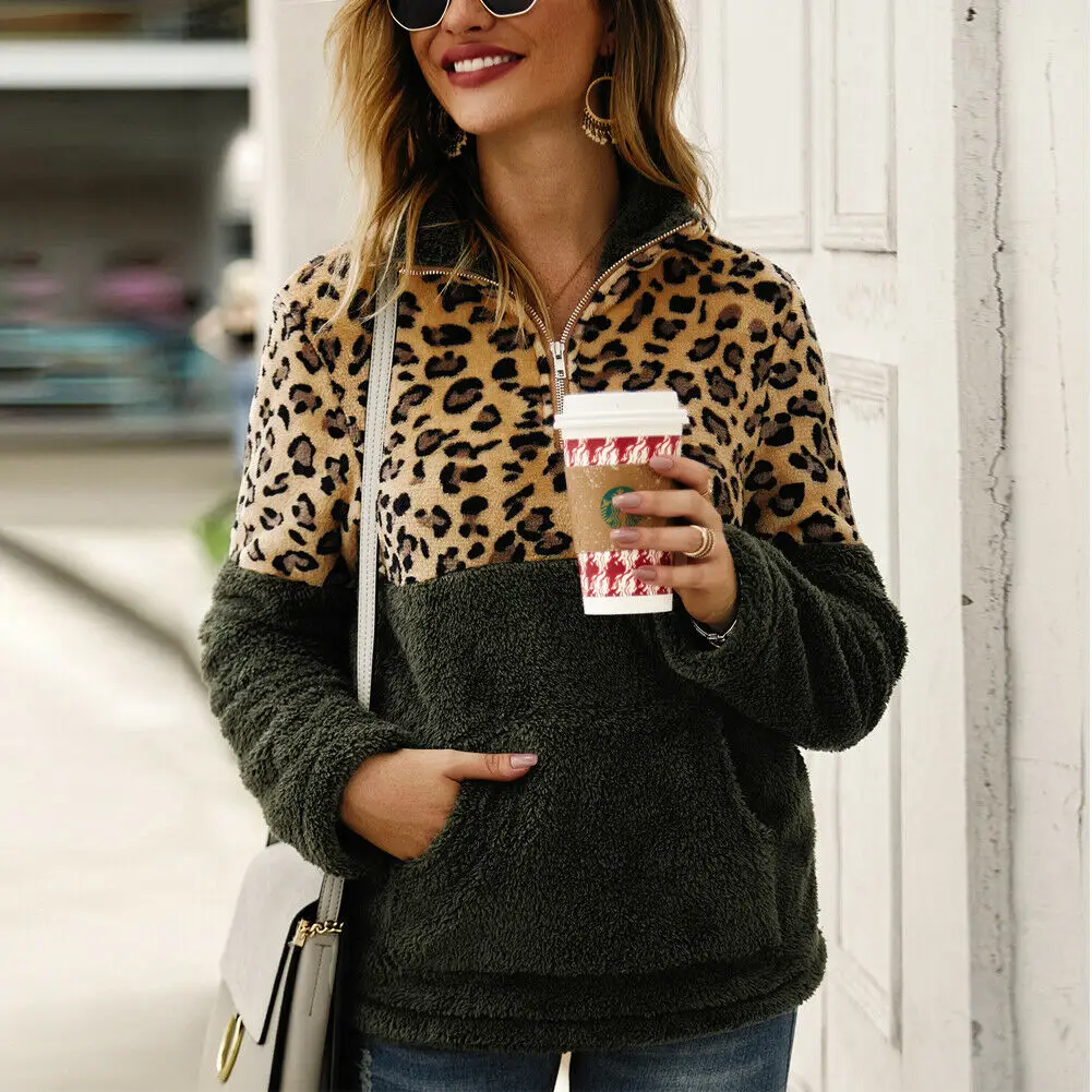 

Winter Fashion Leopard Fleece Sweater Patchwork Fluffy Thick Sweaters Warm Zipper Pullovers Women Winter Coat Sherpa Tops