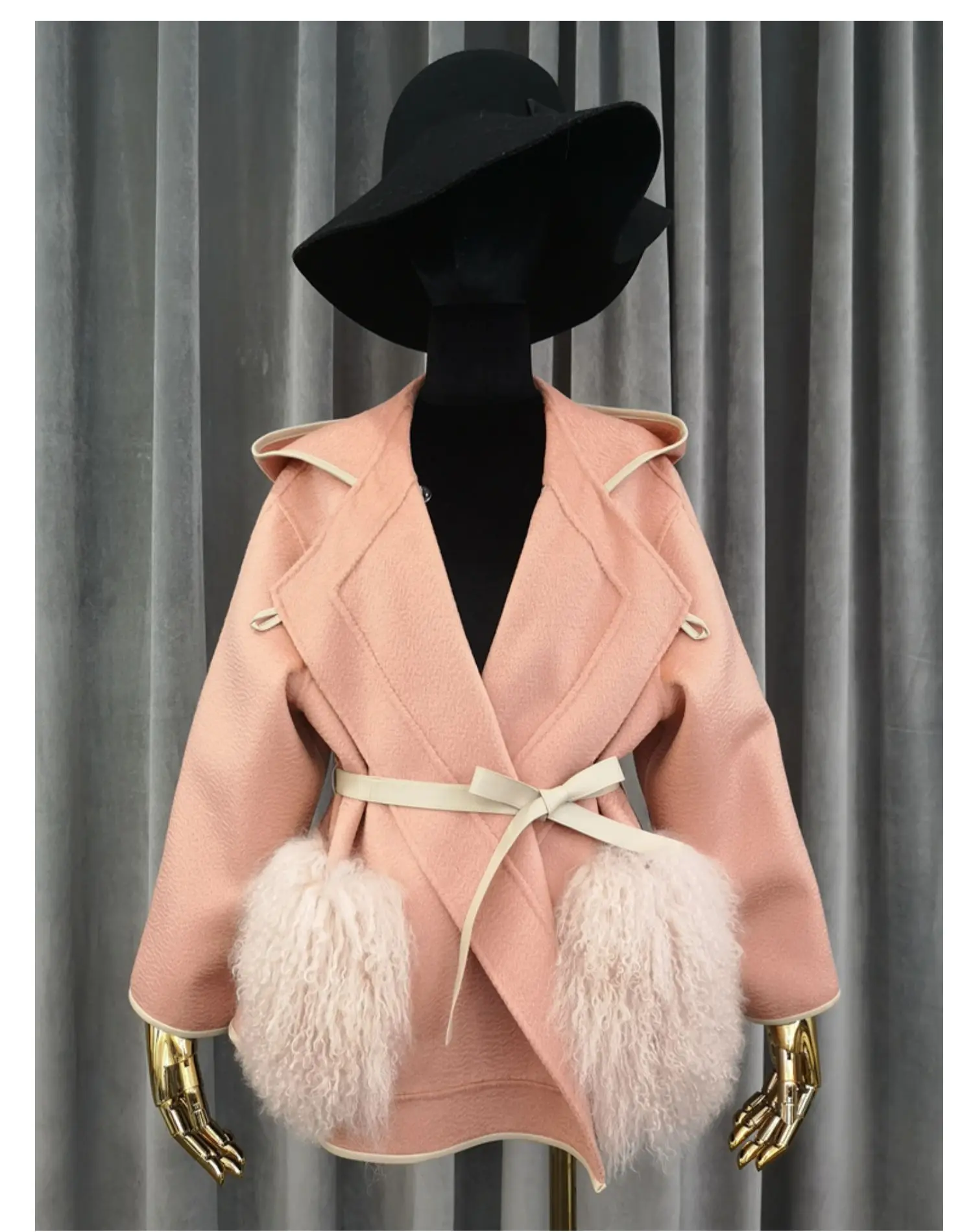 Шикарные женские зимние новые дизайнерские шерстяные меховые куртки из овечьего меха с карманами с двойным лицом из чистой австралийской шерсти пальто с поясом