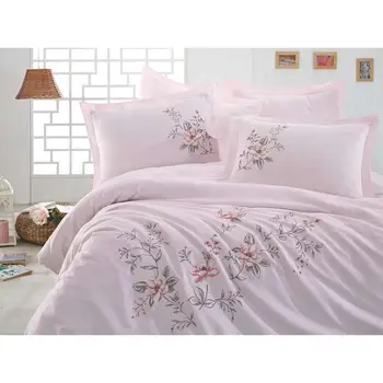 

Ruching Azalea Embroideried Cotton Satin Duvet cover set Powder