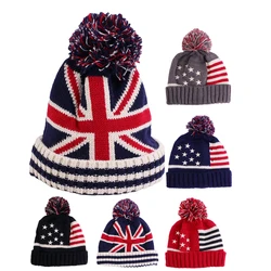 Winter Baby Pom Pom Knitted Cap Kids Beanie Cap USA UK Flag Pattern Parent-child Knitted Hat Thick Women Skullies Beanies