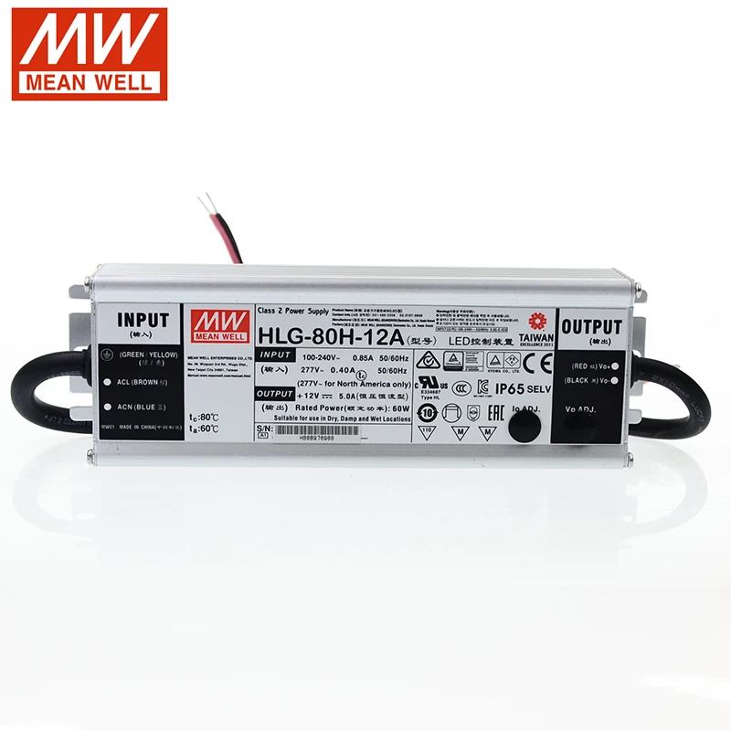 MEAN WELL LED driver HLG-80H-12A 60W 12V LED Switch Power Supply 110V/220V AC to 12V DC 5A 60W waterproof IP65 Adjustable PSU