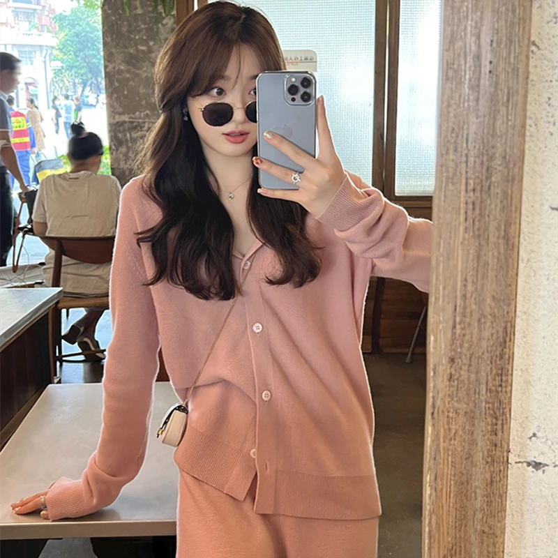 Autumn Winter Casual Knitted 2 Pieces Set Women Hooded Cardigans & Wide Leg Lace-up Knitted Pants Female Sweater Set