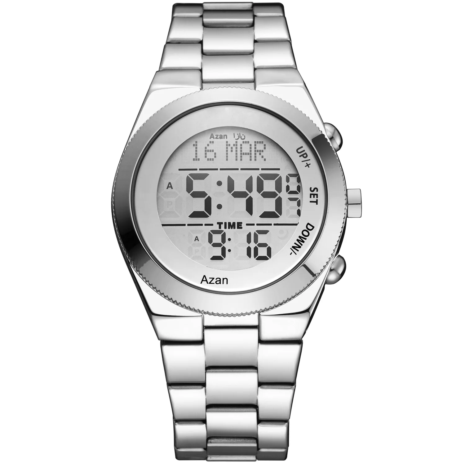 

2021 New Arrival Luxury Men Digital Stainless Steel Muslim Prayers Qibla Reminder alfajr Azan Arabic Watch
