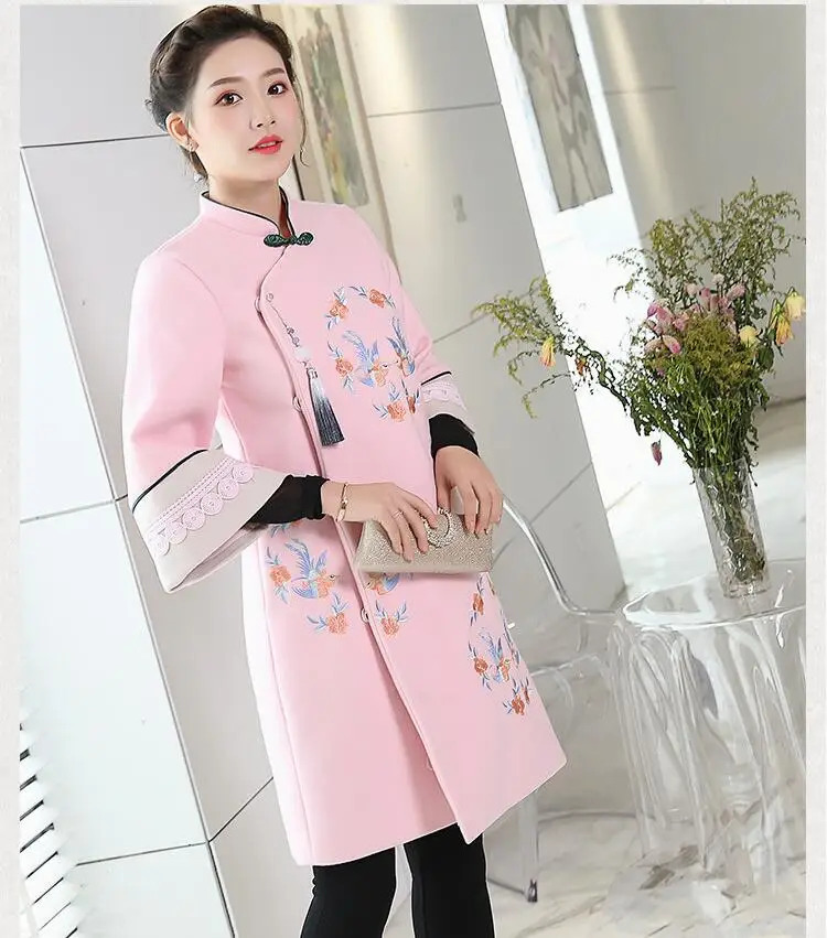 Fragrant Taste Cheongsam Chinese clothing improved Robe Winter Qipao women wool cotton overcoat Asian girls Embroidery Clothing