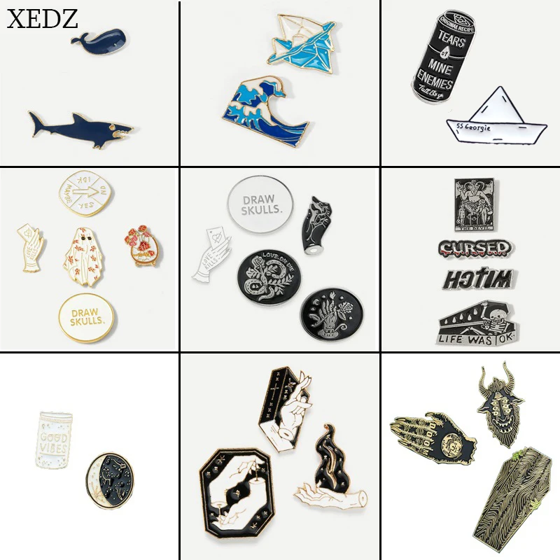 XEDZ Мода палец скелета монеты акулы киты призрак Дети буквы Эмаль Брошь ювелирные