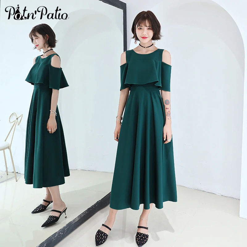 

O-neck Off The Shoulder Green Evening Dresses Long 2020 New A-line Tea-length Spandex Satin Simple Cocktail Party Dress