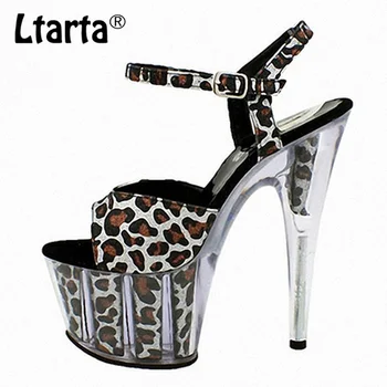 

LTARTA 15cm Heels Shinning Stage Non Slip Open Toe Performance Women's Shoes Noble Temperament Leopard Crystal Shoes LYP
