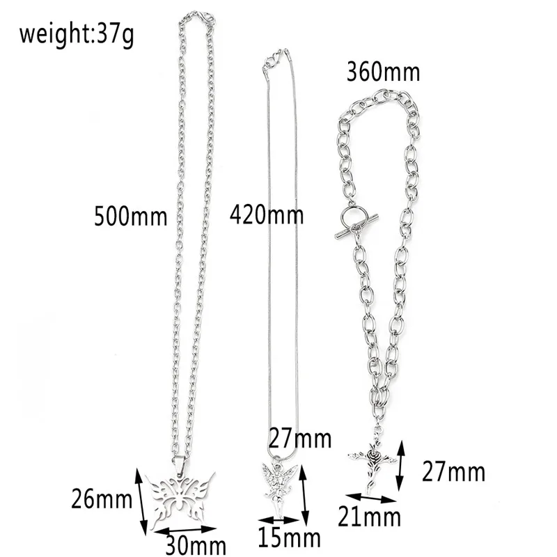 3pcs/set Butterfly Rose Angel Cross Pendant Necklace Multilayer Women Choker Long Chain Necklaces Harajuku Punk Jewelry