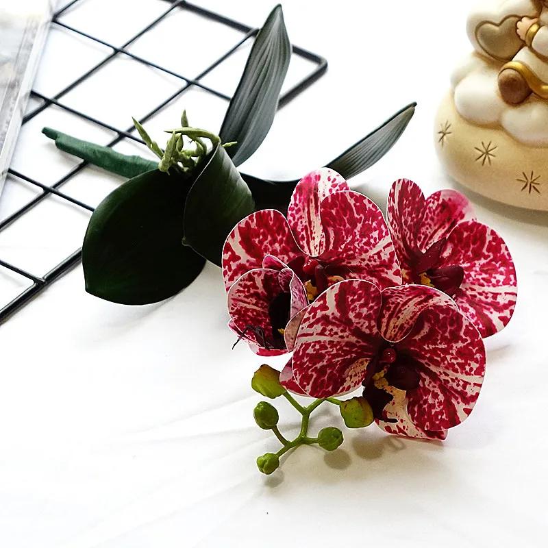 Искусственный фаленопсис из искусственной кожи с 4 головками орхидеи+ листьями, искусственные цветы для дома, отеля, торгового центра, украшения для свадьбы, Рождества