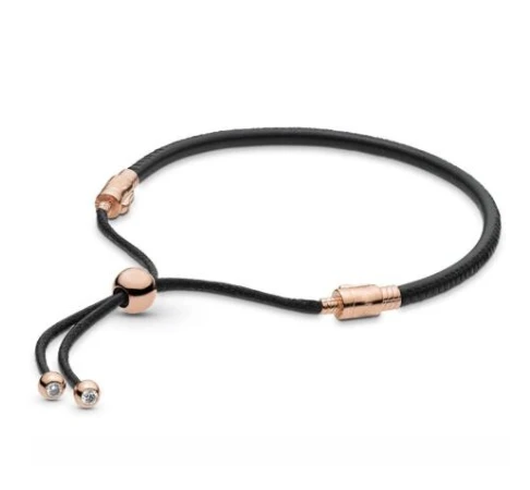 925 пробы серебряный браслет, розовый, черный кожаный скользящий браслет, браслет, подходит для женщин, бусина, шарм, сделай сам, модное ювелирное изделие