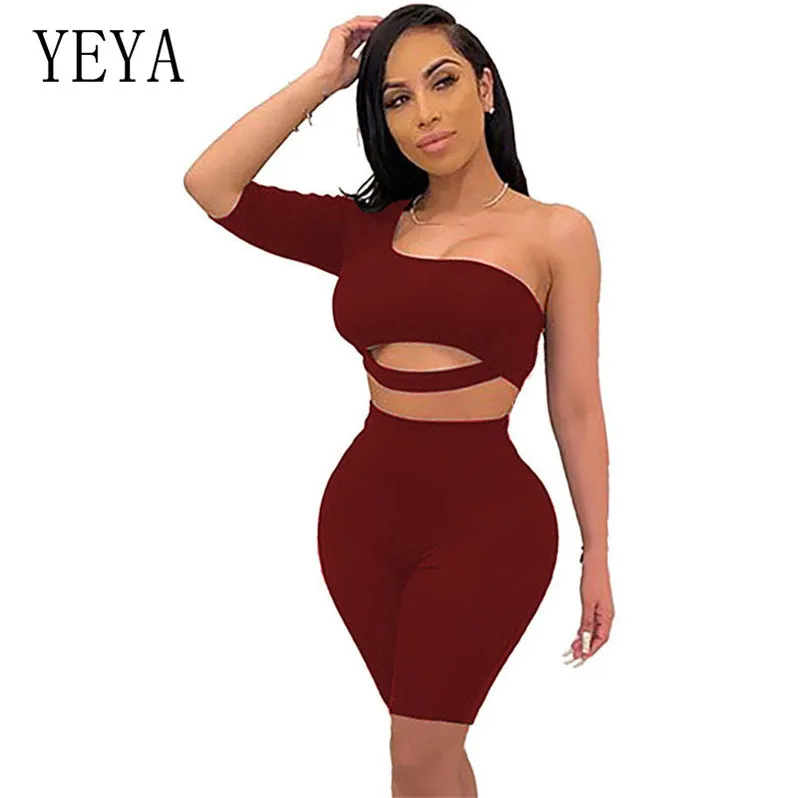 

YEYA Neon Green One Shoulder Women Summer Rompers Hollow Out Slim Tops+Shorts Suit Two Piece Set Night Club Party Playsuits